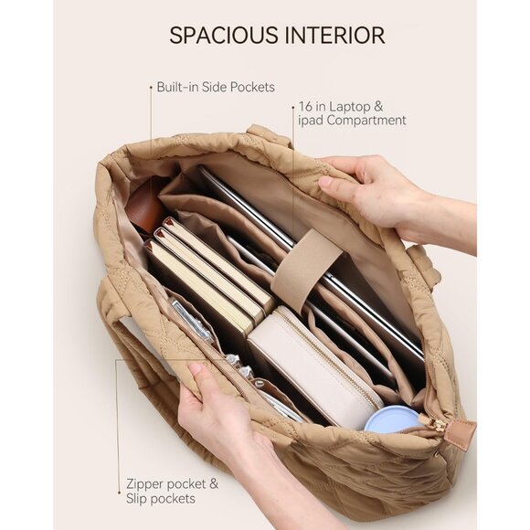 Prite Women Brown Polyester Compartment Quilted Puffer Shoulder Tote Work Bag - Picture 3 of 7